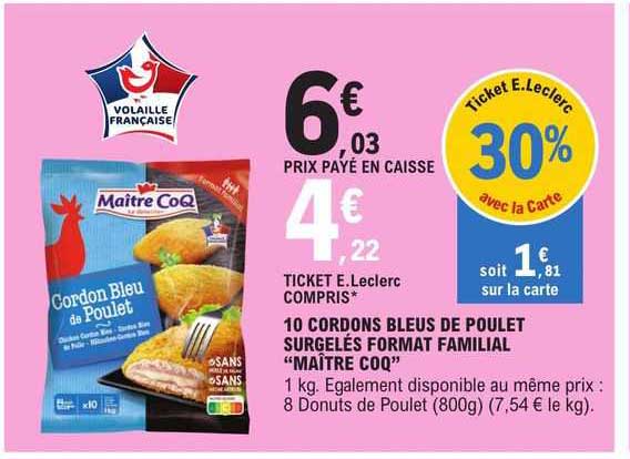 10 cordons bleus de poulet surgelés format familial "maître coq"