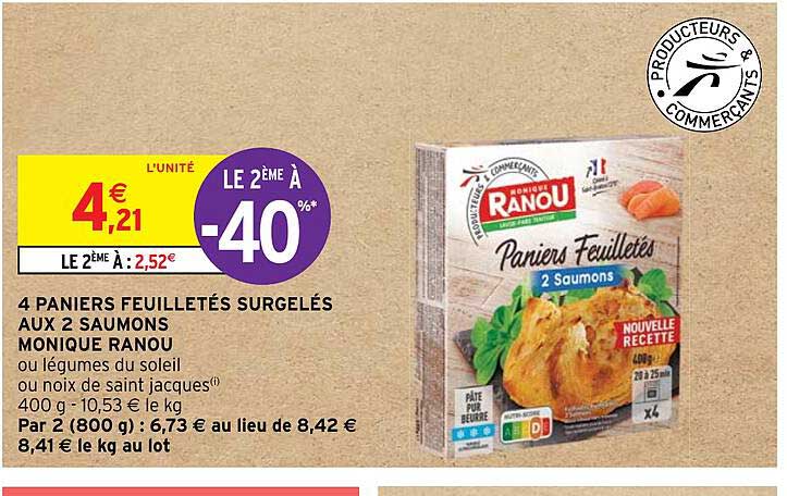 4 paniers feuilletés surgelés aux 2 saumons monique ranou