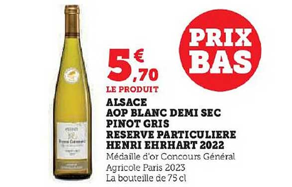alsace aop blanc demi sec pinot gris reserve particulière henri ehrhart 2022