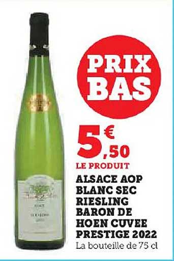 alsace aop blanc sec riesling baron de hoen cuvée prestige 2022
