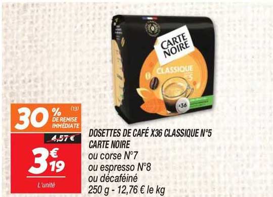 dosettes de café x36 classique n°5 carte noire