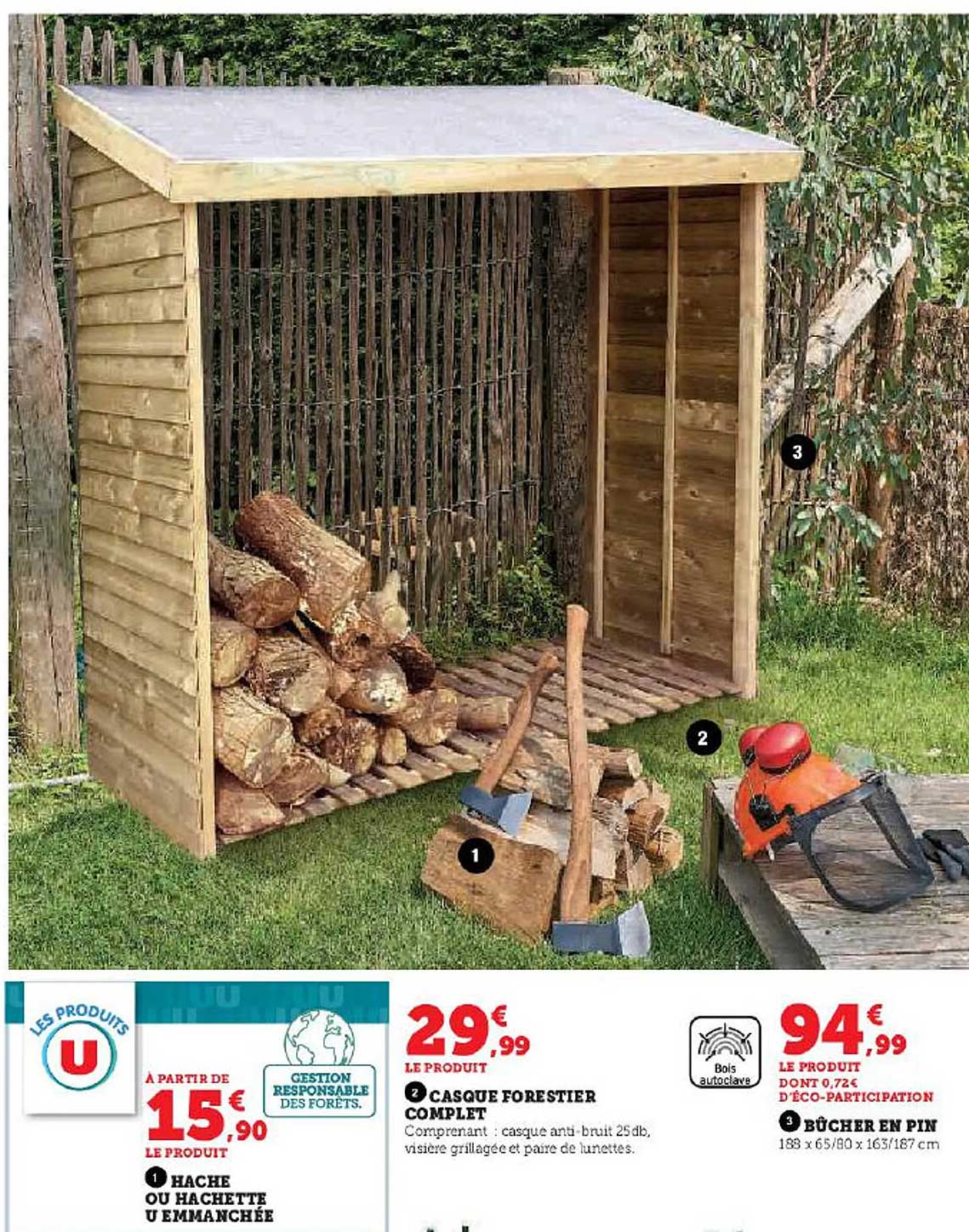 hache ou hachette u emmanchée, casque forestier complet, bûcher en pin