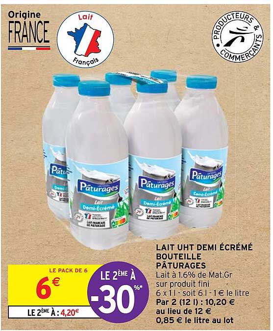 Lait Uht Demi écrémé Bouteille Pâturages