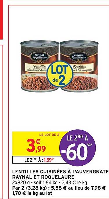 lentilles cuisinées à l'auvergnate raynal et roquelaure