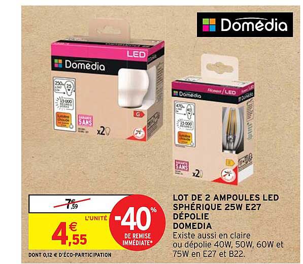 Lot De 2 Ampoules Led Sphérique 25w E27 Dépolie Domedia