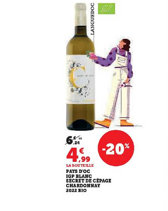 pays d'oc igp blanc secret de cépage chardonnay 2022 bio