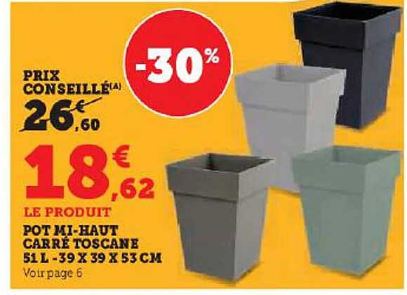 pot mi-haut carré toscane 51l - 39 x 39 x  53 cm