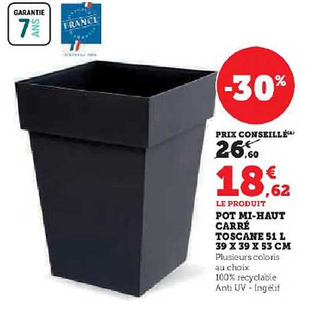 pot mi-haut carré toscane 51l 39 x 39 x 53 cm