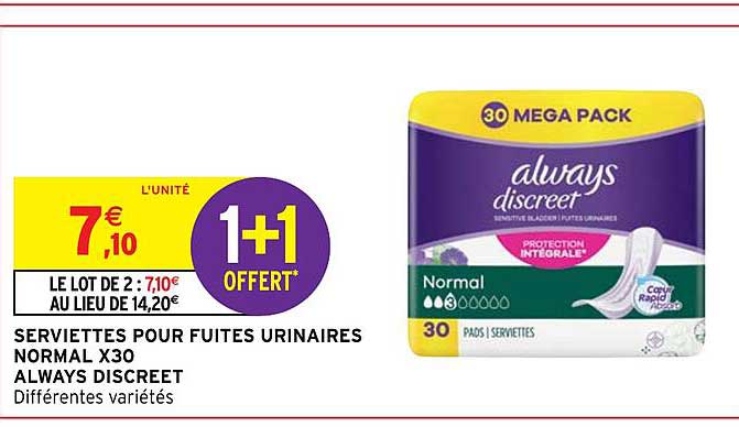 serviettes pour fuites urinaires normal x30 always discreet