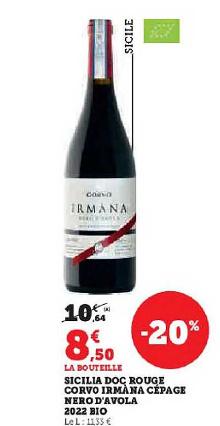 sicilia doc rouge corvo irmàna cépage nero d'avola 2022 bio