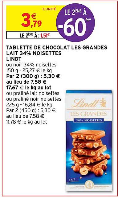 tablette de chocolat les grandes lait 34% noisettes lindt