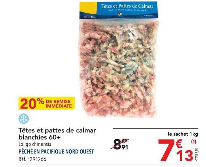têtes et pattes de calmar blanchies 60+