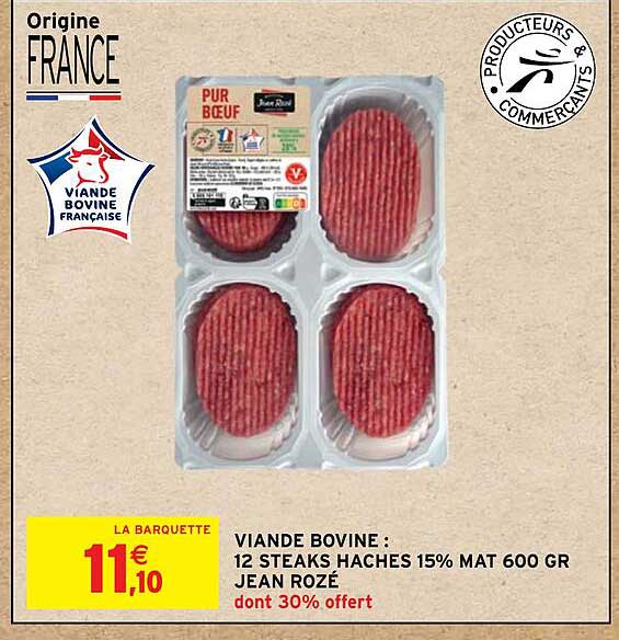 viande bovine : 12 steaks hachés 15% mat 600 gr jean rozé