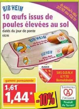 10 oeufs issus de poules élevées au sol bib'heim