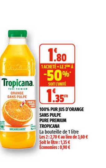 100% Pur Jus D'orange Sans Pulpe Pure Premium Tropicana