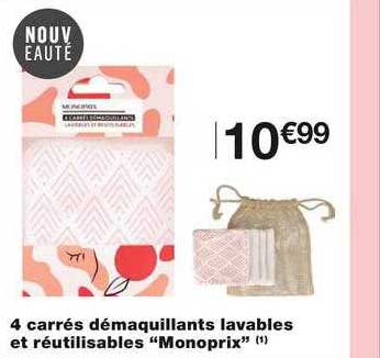 4 Carrés Démaquillants Lavables Et Réutilisables "monoprix"
