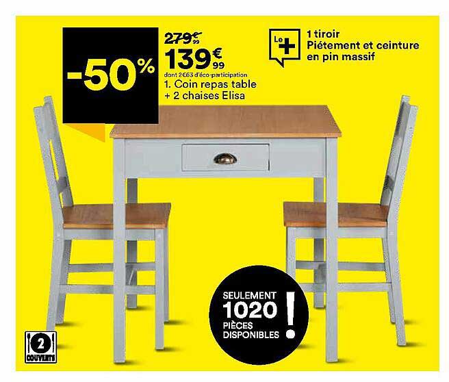 Coin Repas Table + 2 Chaises Elisa