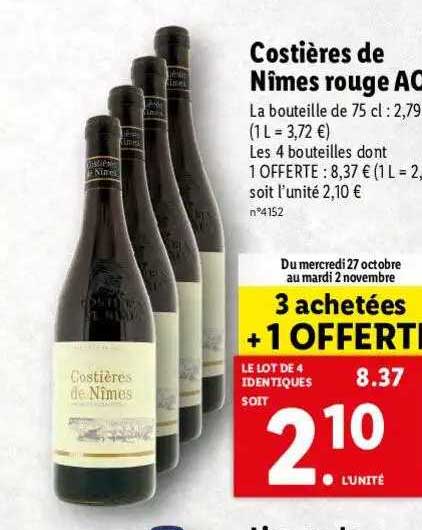costière de nîmes rouge aop 3 achetées + 1 offerte