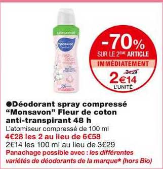 déodorant spray compressé "monsavon" fleur de coton anti-transpirant 48 h