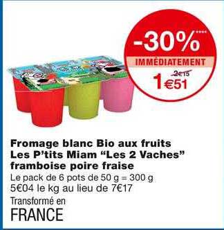 fromage blanc bio aux fruits les p'tits miam "les 2 vaches" framboise poire fraise