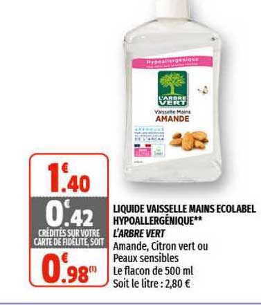 Liquide Vaisselle Mains écolabel Hypoallergénique L'arbre Vert