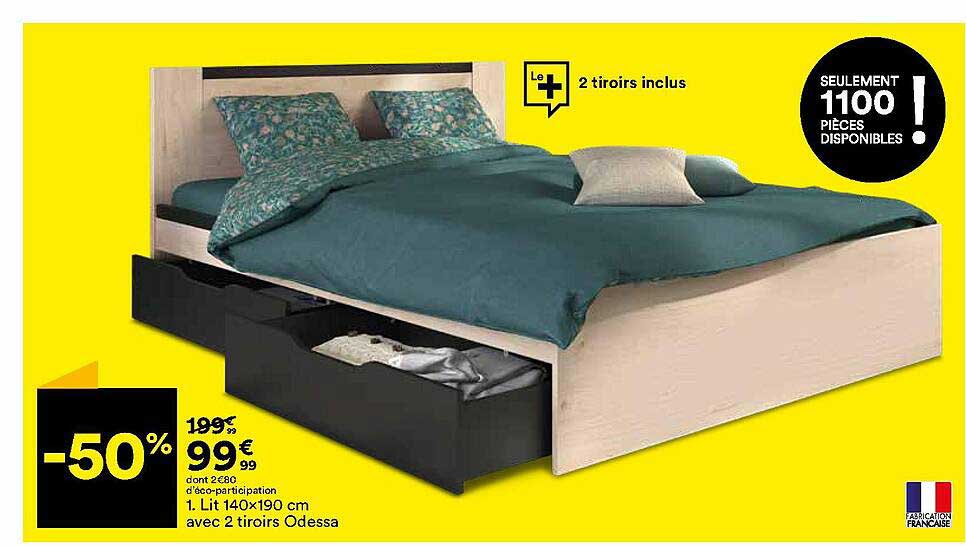 Lit 140 X 190 Cm Avec 2 Tiroirs Odessa