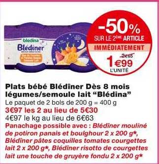 plats bébé blédîner dès 8 mois légumes - semoule lait "blédina"
