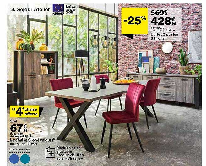 séjour atelier : buffet 3 portes 3 tiroirs, la chaise clohé velours