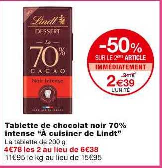 tablette de chocolat noir 70% intense "à cuisiner de lindt"