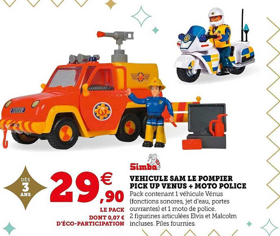 véhicule sam le pompier pick up veus + moto police simba
