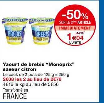 Yaourt De Brebis "monoprix" Saveur Citron