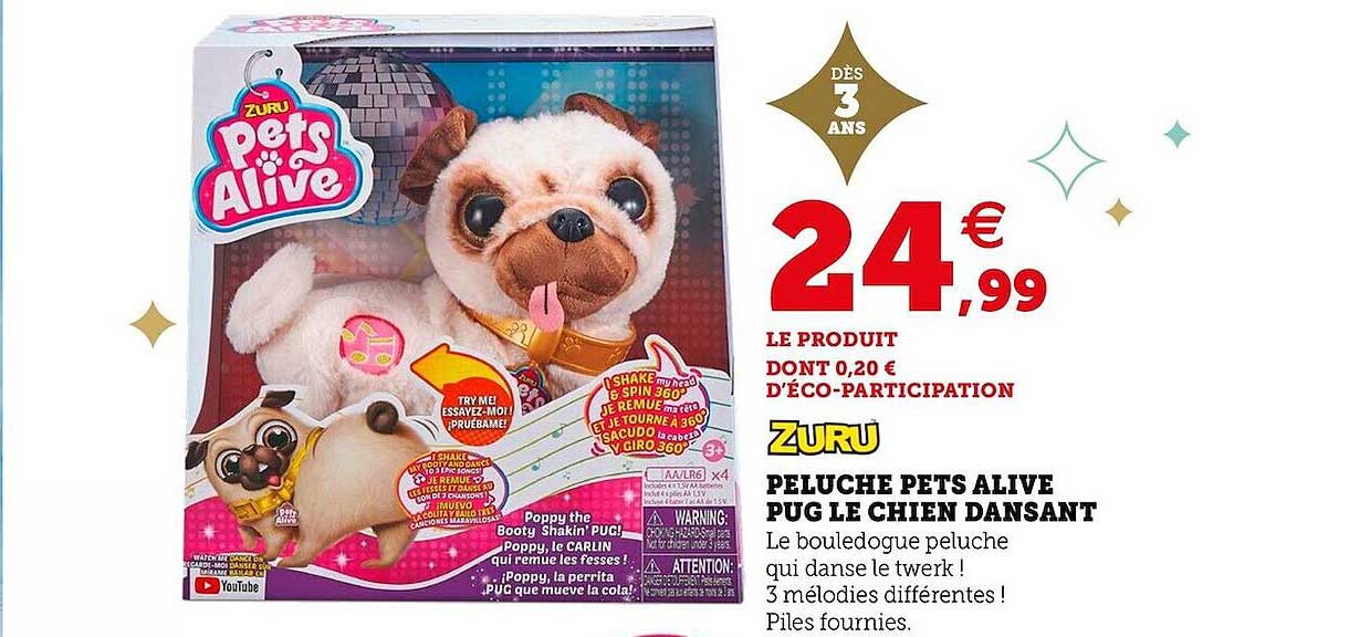 zuru peluche pets alive pug le chien dansant