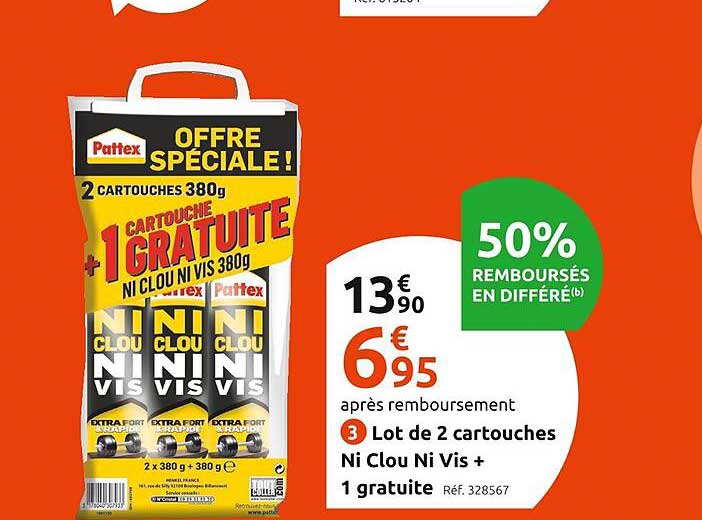 lot de 2 cartouches ni clou ni vis + 1 gratuite pattex