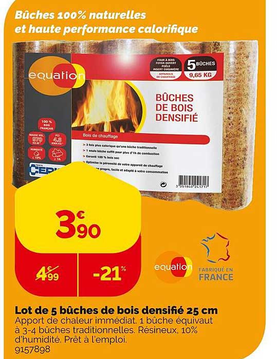 lot de 5 bûches de bois densifié 25 cm équation