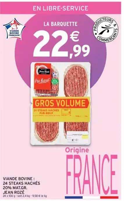 viande bovine : 24 steaks hachés 20% mat.gr. jean rozé
