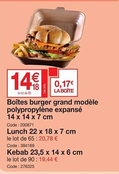 boîtes burger grand modèle polypropylène expansé 14 x 14 x 7 cm, lunch 22 x 18 x 7 cm, kebab 23,5 x 14 x 6 cm