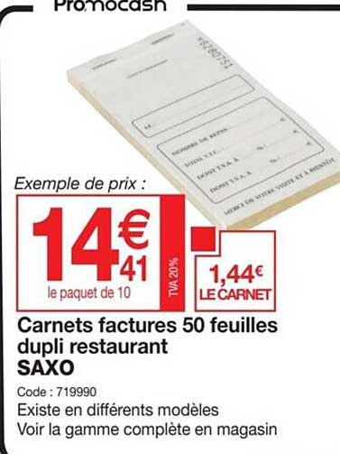 Carnets Factures 50 Feuilles Dupli Restaurant Saxo
