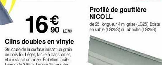 clins doubles en vinyle, profilé de gouttière nicoll