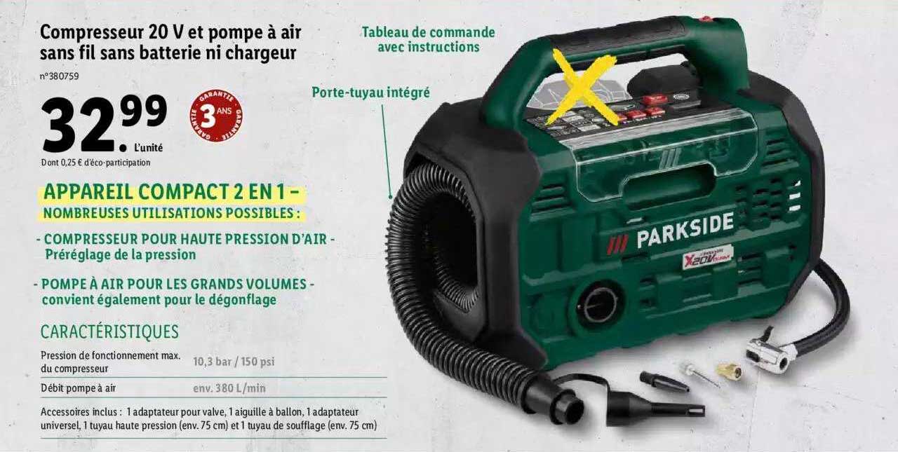 Compresseur 20 V Et Pompe à Air Sans Fil Sans Batterie Ni Chargeur Parkside