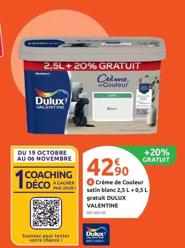 crème de couleur satin blanc 2,5l + 0,5l gratuit dulux valentine