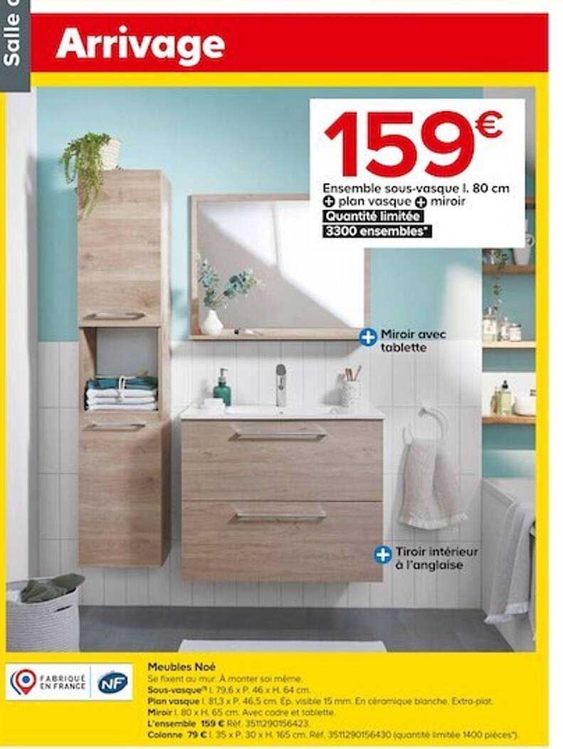 ensemble sous-vasque l. 80 cm + plan vasque + miroir noé