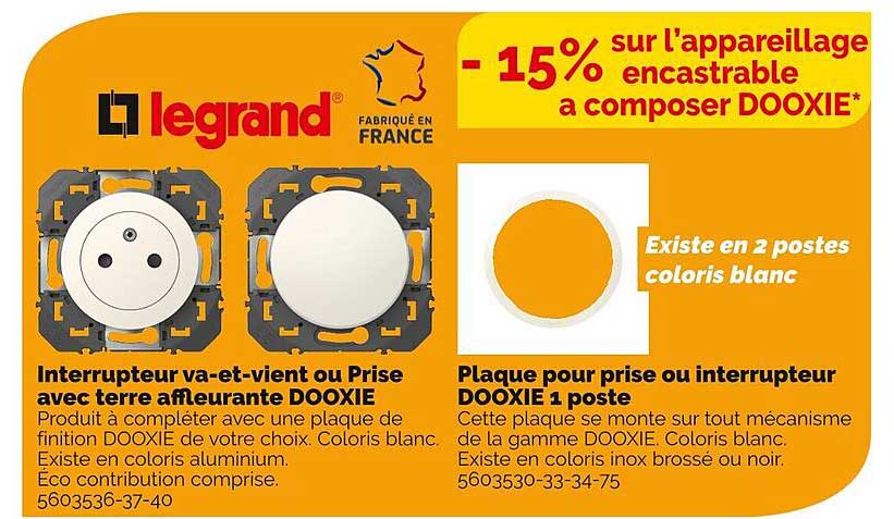 interrupteur va-et-vient ou prise avec terre affleurante dooxie legrand, plaque pour prise ou interrupteur dooxie 1 poste legrand