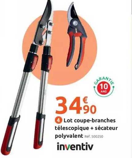 lot coupe-branches télescopique + sécateur polyvalent inventiv