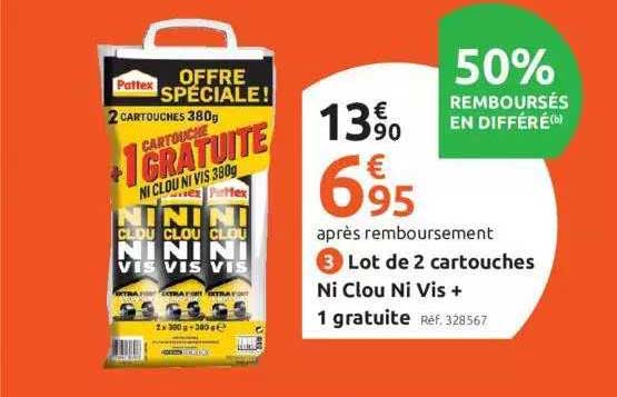 lot de 2 cartouches ni clou ni vis + 1 gratuite