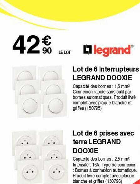 lot de 6 interrupteurs legrand dooxie, lot de 6 prises avec terre legrand dooxie