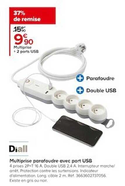 multiprise parafoudre + 2 parts usb diall