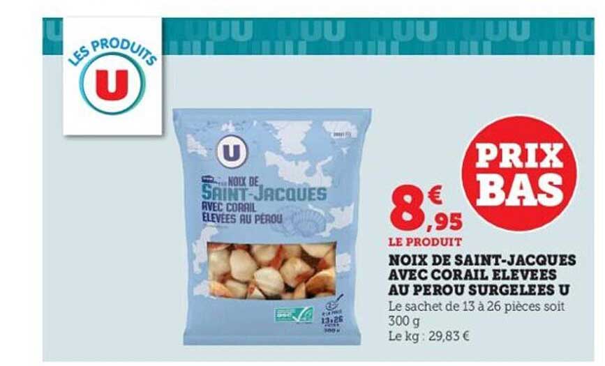 noix de saint-jacques avec corail élevées au pérou surgelées u