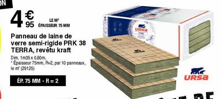 panneau de laine de verre semi-rigide prk 38 terra, revêtu kraft ursa