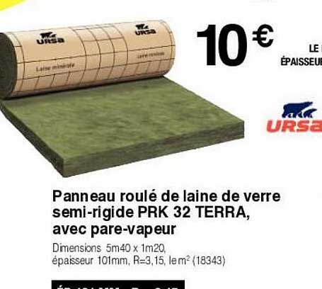 panneau roulé de laine de verre semi-rigide prk 32 terra, avec pare-vapeur ursa