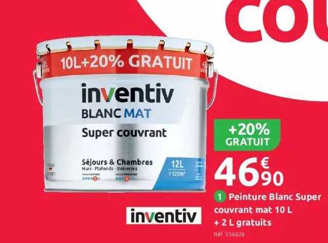 peinture blanc super couvrant mat 10l + 2l gratuits inventiv